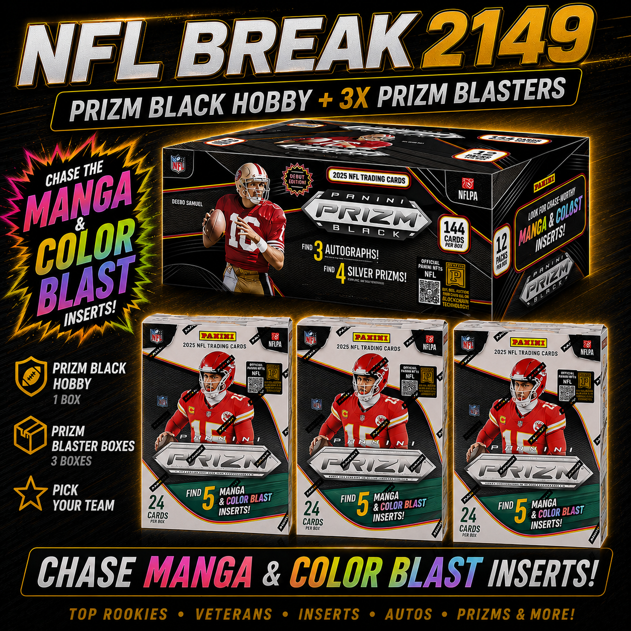 BREAK #2149 - NFL - 2025 PRIZM BLACK MIXER - PICK YOUR OWN TEAM