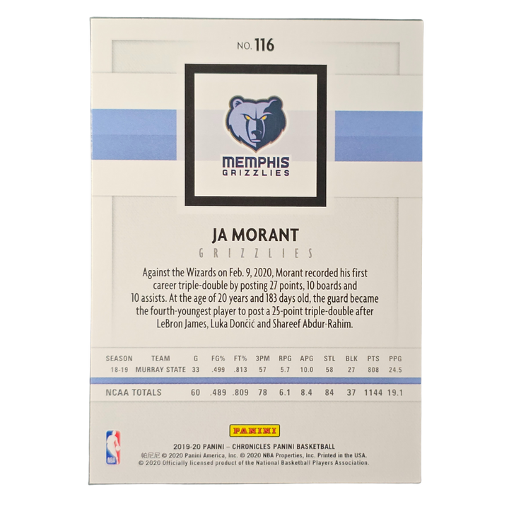 Ja Morant 2019-20 Chronicles Rookie RC Trading Card Grizzlies with Young Dolph