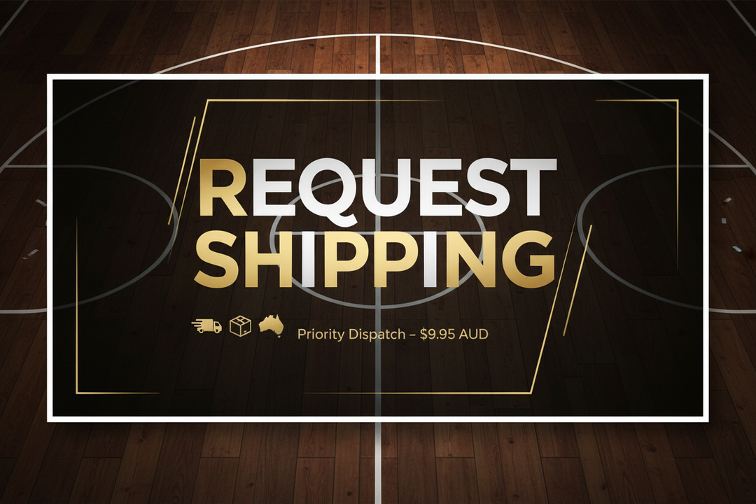 Request Shipping – NBA style hardwood court background, Priority Dispatch $9.95 AUD